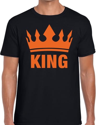 Koningsdag t-shirt - zwart - King en kroon print - voor heren - korte mouwen S