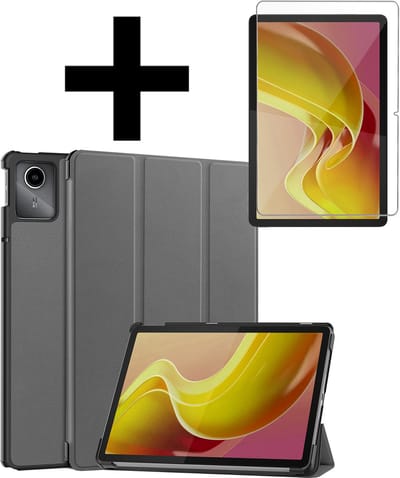 Hoes - Geschikt voor Lenovo Tab M11 (11 inch) - Met Screenprotector - Trifold Bookcase - Hard Cover - Hardcover Book Case - Tablet Hoesje - Grijs