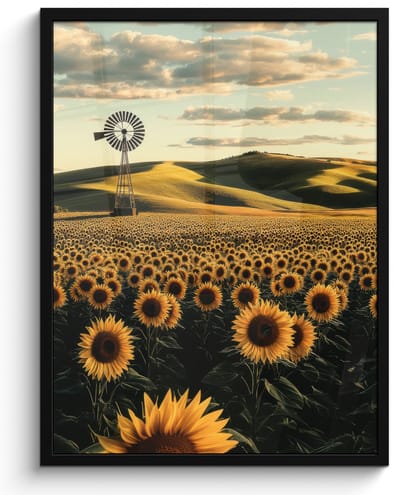 Poster in lijst - Fotolijst 50x70 cm - Posters - Zonnebloem - Veld - Windmolen - Posterlijst zwart - Decoratie - Wanddecoratie woonkamer - Muurdecoratie slaapkamer