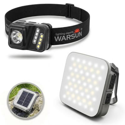 Warsun Noodlamp & Hoofdlamp Combo – Kampeerlamp + Hoofdlamp – 3500 & 5000 Lumen – Led Oplaadbaar & Solar – Waterdicht – Noodpakket - Noodverlichting