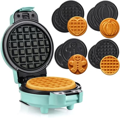 Mini Wafelijzer met Verwisselbare Platen - Pompoen, Peperkoek, Hart en Klassiek - Antiaanbaklaag voor Feestjes en Verjaardagen - Mintgroen