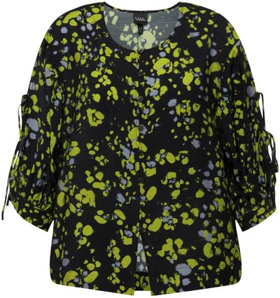 Ulla Popken - Dames - Blouse stippen A-lijn ronde hals lange mouwen - Zwart - Maat 46+
