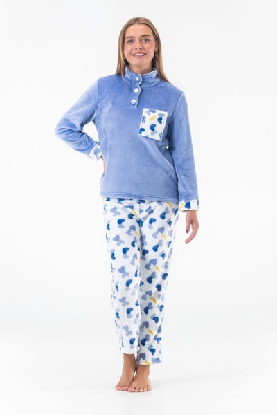 Dames Fleece Huispak en Pyjama - Hoge Kraag met Knopen - Love Hearts - Superzacht Fleece - Blauw - 2505 - Maat S