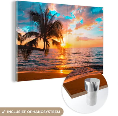 Glasschilderij - Strand - Zee - Palmboom - Acrylglas - Foto op glas - 150x100 cm - Glasschilderij natuur - Schilderij glas - Muurdecoratie glas - Glasschilderij strand - Slaapkamer