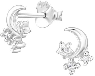 Joy|S - Zilveren maan oorbellen - maan met sterretjes - 6 x 8 mm oorknopjes - zirkonia - sterling zilver 925