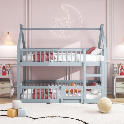 Stapelbed Hout - Kinderbed Twee Persoons - Spelen en Slapen - Hoge Omheining - 90x200 cm - Grijs
