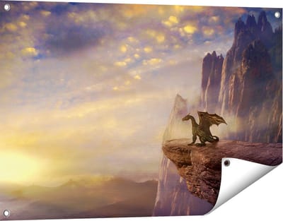 Gards Tuinposter Draak op een Rots bij Zonsondergang - 90x60 cm - Tuindoek - Tuindecoratie - Wanddecoratie buiten - Tuinschilderij