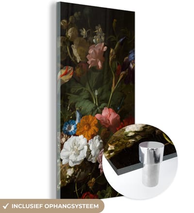 MuchoWow® Glasschilderij 20x40 cm - Schilderij acrylglas - Vaas met bloemen - Schilderij van Rachel Ruysch - Foto op glas - Schilderijen