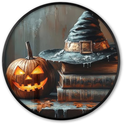 Poster in lijst Rond - Fotolijst 60x60 cm - Posters - Halloween - Stilleven - Heksenhoed - Pompoen - Heks - Ronde posterlijst zwart - Decoratie - Wanddecoratie woonkamer - Muurdecoratie slaapkamer