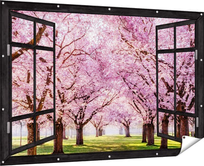 Gards Tuinposter Doorkijk Roze Bloesembomen Park - Bloemen - 180x120 cm - Tuindoek - Tuindecoratie - Wanddecoratie buiten - Tuinschilderij