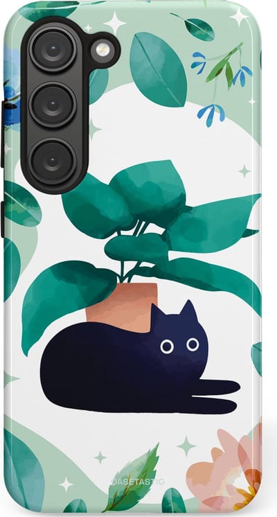 Casetastic hoesje geschikt voor Samsung Galaxy S23 - Dubbellaagse bescherming - Plantenkat - Fashion Case - Lichtgrijs Turquoise Wit Mintgroen