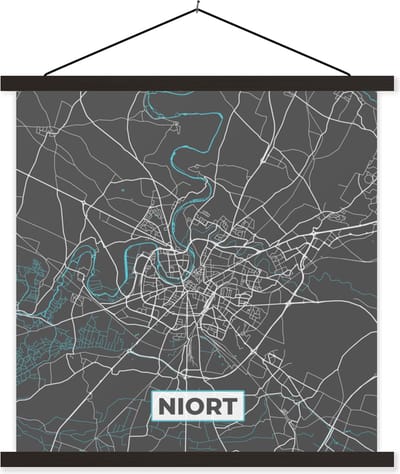 Posterhanger incl. Poster 60x60 cm - Schoolplaat - Plattegrond - Stadskaart - Kaart - Niort - Frankrijk - Textielposter - Zwarte latten - Stadskaart