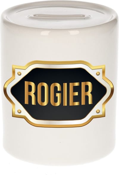 Spaarpot met voornaam Rogier - wit - met goud/zwart embleem - 8 x 9 cm - keramiek - met afsluitdop - cadeau verjaardag