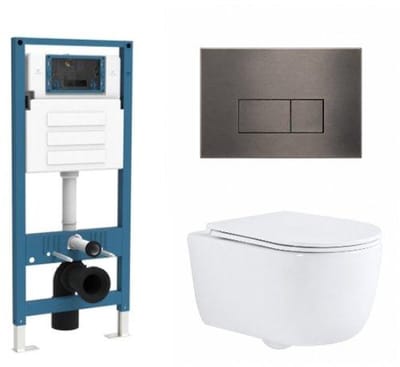 QeramiQ Dely Swirl Toiletset - inbouwreservoir Qeramiq Flush - slim zitting - metaal gunmetal bedieningsplaat - rechthoekige knoppen - glans wit