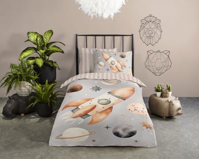 Good Morning dekbedovertrek raket in ruimte - 1 persoons 140x200/220 cm - Grijs - 100% Katoen renforc�