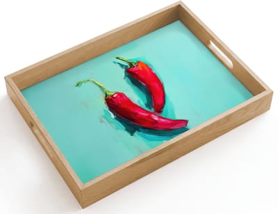 Dienblad hout 40x30 cm - Schootdienblad - Chilipepers - Geverfd - Rood - Borrelplank rechthoek - Plateau dienbladen