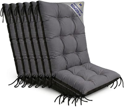Tuinstoelkussens Hoge Rug Set: 6x 50x120 cm - Kussens voor Tuinstoelen & Standenstoel Terrasstoel Grafiet Stoelkussens Tuin Zitkussen Extra Dik 10 cm met Bindlinten
