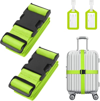 Famanu – 2-delige premium bagageriem, kofferriem, verstelbare antislip bagageband, lange kofferbanden, bagageriem + 2 stuks kofferhangers, veilig reizen voor koffer, groen