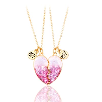 Bixorp Friends BFF Ketting voor 2 met Roze Glitter Hartje - Goudkleurig - Regenboog Vriendschapsketting - Best Friends