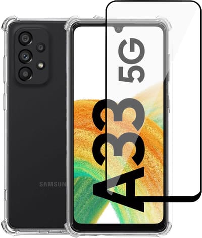 Geschikt voor Samsung A33 5G Hoesje + Screenprotector – Full Cover Gehard Glas – Shock Proof Case – Transparant