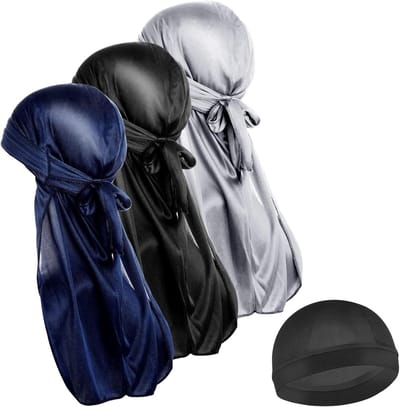 Set van 3 zijden golfcaps en 1 zijden Durag met lange staart, ademend en elastisch voor 360/720 waves, ideaal voor haarverzorging en stijl.