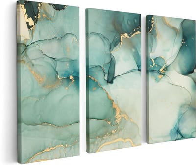 Artaza Canvas Schilderij Drieluik Abstracte Kunst - Blauwe Marmer met Goud - 120x80 cm - Wanddecoratie Woonkamer - Schilderijen - Muurdecoratie