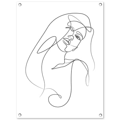 Tuinposter 60x80 cm - Tuindecoratie Abstracte line art van een vrouw met lang haar op een witte achtergrond - Poster voor in de tuin - Buiten decoratie - Schutting tuinschilderij - Tuindoek muurdecoratie - Wanddecoratie balkondoek