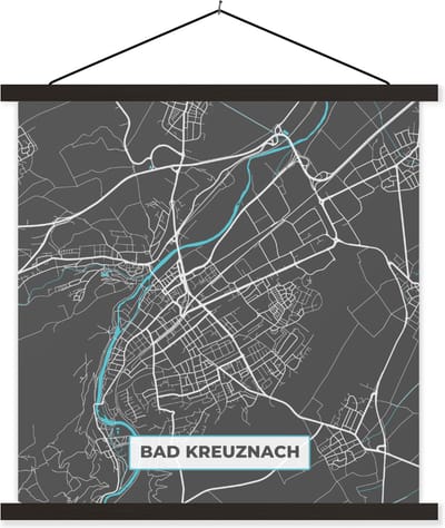 Posterhanger incl. Poster 120x120 cm - Schoolplaat - Bad Kreuznach – Stadskaart – Blauw – Plattegrond – Stadskaart – Kaart - Duitsland - Textielposter - Zwarte latten - Stadskaart
