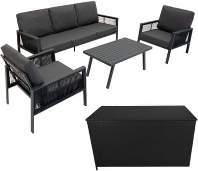 Aluminium loungeset & rotan opbergbox - antraciet/zwart - 4-delig