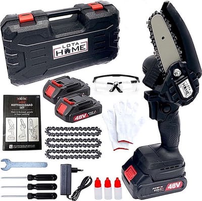 LotaHome - Mini Kettingzaag - Elektrische Kettingzaag met 2 Accu's - 48V - Snoeizaag - Tuinieren - Krachtige Kettingzaag - Handkettingzaag - Elektrische Snoeischaar - Met Extra Accu, 3x Ketting, Handschoenen, Bril en Opbergkoffer - Zwart - Cadeau