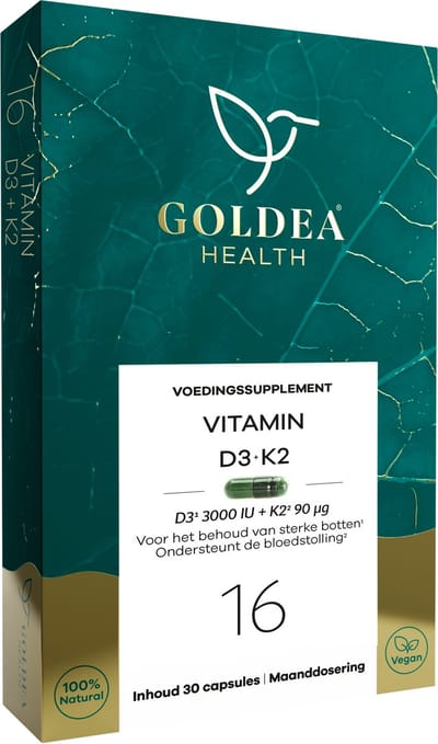 Goldea Health Vitamin D3 + K2 - Vegan Voedingssupplement - uit algen (3000 IU) & K2 MK-7 - 30 capsules