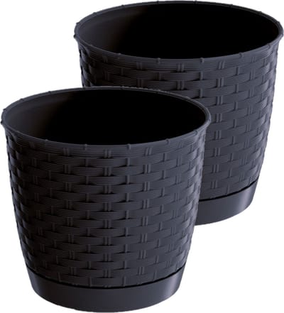 2x stuks ronde gevlochten plantenpotten/bloempotten kunststof dia 14.5 cm en hoogte 12.5 cm in het antraciet grijs