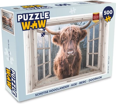 Puzzel Schotse hooglander - Koe - Berg - Doorkijk - Legpuzzel - Puzzel 500 stukjes