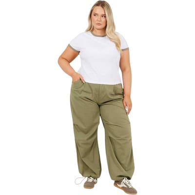 Brave Soul Dames/Dames Ringer Crew Hals Plus T-shirt (Wit/Kaki)
