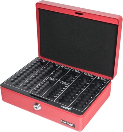 Geldcassette Rood 25 cm met Uitneembaar Muntentelinzetstuk en Slot