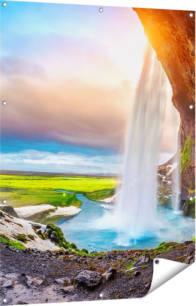 Gards Tuinposter Waterval van een Klif bij Zonsondergang - 90x120 cm - Tuindoek - Tuindecoratie - Wanddecoratie buiten - Tuinschilderij
