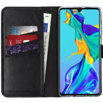 Selencia Hoesje - Geschikt voor Huawei P30 - Echt Lederen Bookcase - Zwart