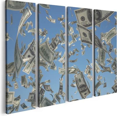 Artaza Canvas Schilderij Vierluik Dollarbiljetten in de Lucht - Geld - 80x60 - Foto Op Canvas - Canvas Print