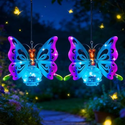 Zonne-energie Vlinder Lichten - 2 Stuks Decoratieve Hanglampen voor Tuin en Buitenruimte, Ideaal voor Feestelijke Verlichting en Tuinversiering