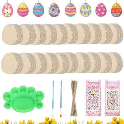 JGS Premium - 50 stuks Houten Paaseieren voor Ambachten - Schilderij - DIY - Opknoping Ornamenten - Pasen Decoratie met 50 Lanyards - Diamant Stickers - Schilderij Lade - Borstels