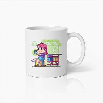 Schattige Winkelmeisje Mok – Kleurrijke Cartoon Koffiebeker – Perfect Cadeau voor Shopliefhebbers en Trendvolgers