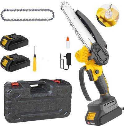Draadloze Lichtgewicht Mini Kettingzaag 6 Inch - Accu-aangedreven met 2 Kettingen, 2 Accu’s en Veiligheidsslot