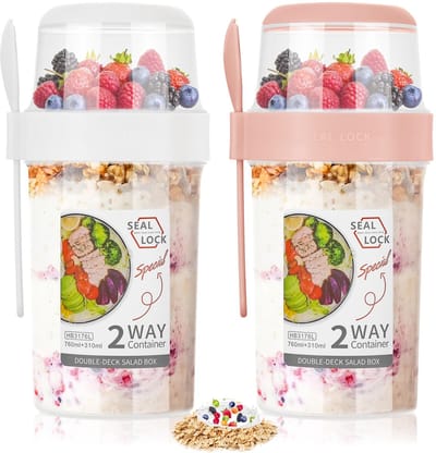 Allecto - Overnight Oats Container - Muesli Pot - Reusable Ontbijt Jars - Pink en White - Yogurt Jars - Geschikt voor Buitenactiviteiten - 760ml en...