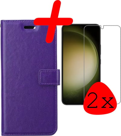 Hoesje Met 2x Screenprotector - Geschikt voor Samsung Galaxy S23 - Luxe Pasjeshouder - Bookcase Portemonee - Flip Case - Kunstleer Book Case - Flipcase Hoes - Book Cover - Walletcase - Portemonneehoes - Paars