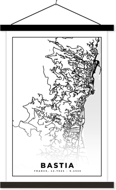 Posterhanger incl. Poster 40x60 cm - Schoolplaat - Stadskaart – Plattegrond – Kaart – Bastia - Frankrijk - Zwart wit - Textielposter - Zwarte latten - Stadskaart