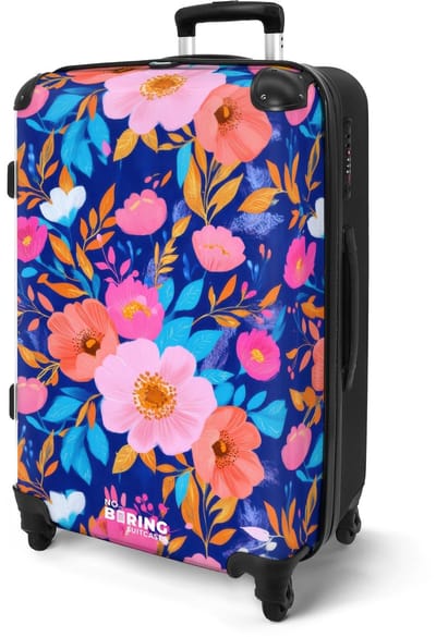 NoBoringSuitcases.com® - Koffer groot - Rolkoffer lichtgewicht - Blauw met roze bloemen - Reiskoffer met 4 wielen - Grote reis trolley XL - Luggage suitcase - Hardcase reistrolley medium - 20 kg bagage