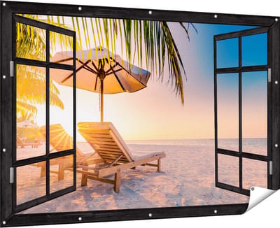 Gards Tuinposter Doorkijk Tropisch Strand tijdens Zonsondergang - 180x120 cm - Tuindoek - Tuindecoratie - Wanddecoratie buiten - Tuinschilderij