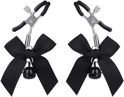 Oneay Tepelklemmen set van 2 stuks – Verstelbare RVS klemmen met ketting, strik en belletjes – BDSM accessoires voor volwassenen – Zwart