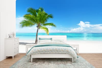 Behang - Fotobehang Palmboom - Strand - Zee - Zomer - Breedte 400 cm x hoogte 240 cm