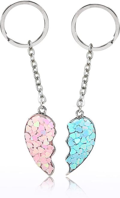 Bixorp Friends Glitter Hartje BFF Sleutelhanger voor 2 Roze/Blauw - Magnetische Sleutel hanger Vriendschap Cadeau